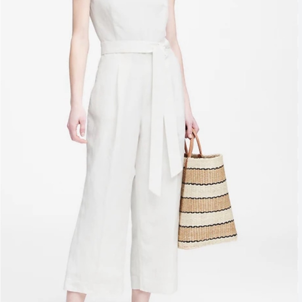BANANA REPUBLIC LINEN-BLEND CROPPED WHITE JUMPSUIT